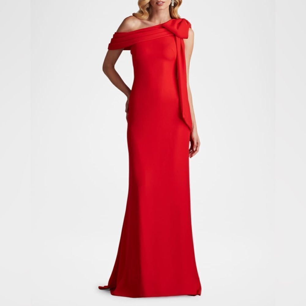 🔥Tadashi Shoji One-Shoulder Crepe Gown with Bow Detail Size 10